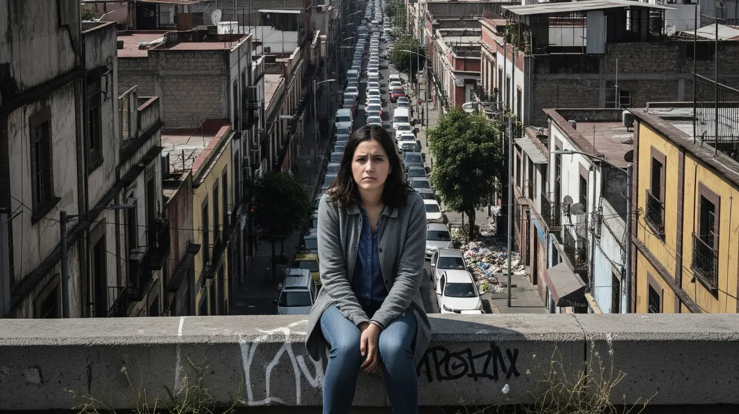 Persona con depresión por falta de áreas verdes en CDMX.  Foto: creada con IA