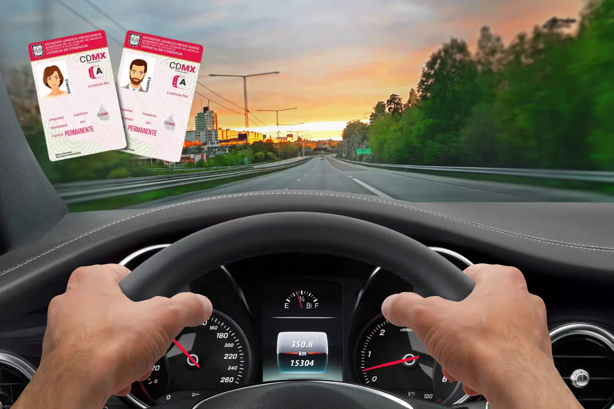 Persona conduciendo auto e ilustración de licencia en CDMX. Foto: Canva