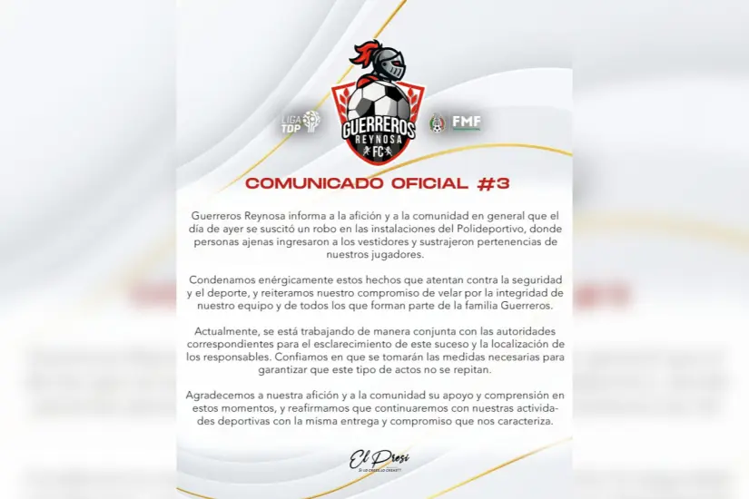 Comunicado sobre los hechos de Guerreros de Reynosa F.C. Foto: Carlos García
