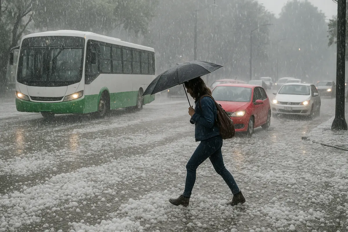 Persona en la lluvia con granizo en CDMX. Foto: IA
