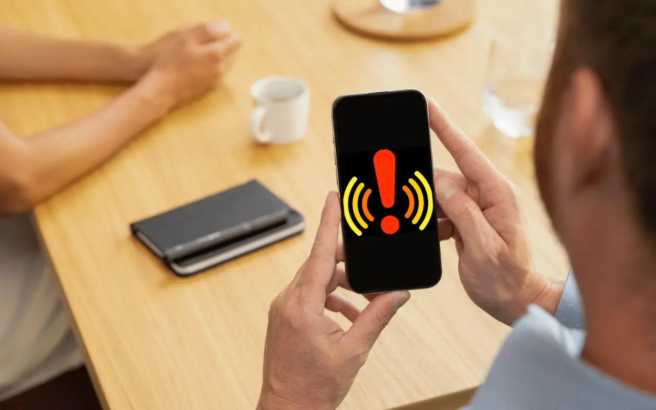Persona sosteniendo celular con un aviso. Foto: Canva