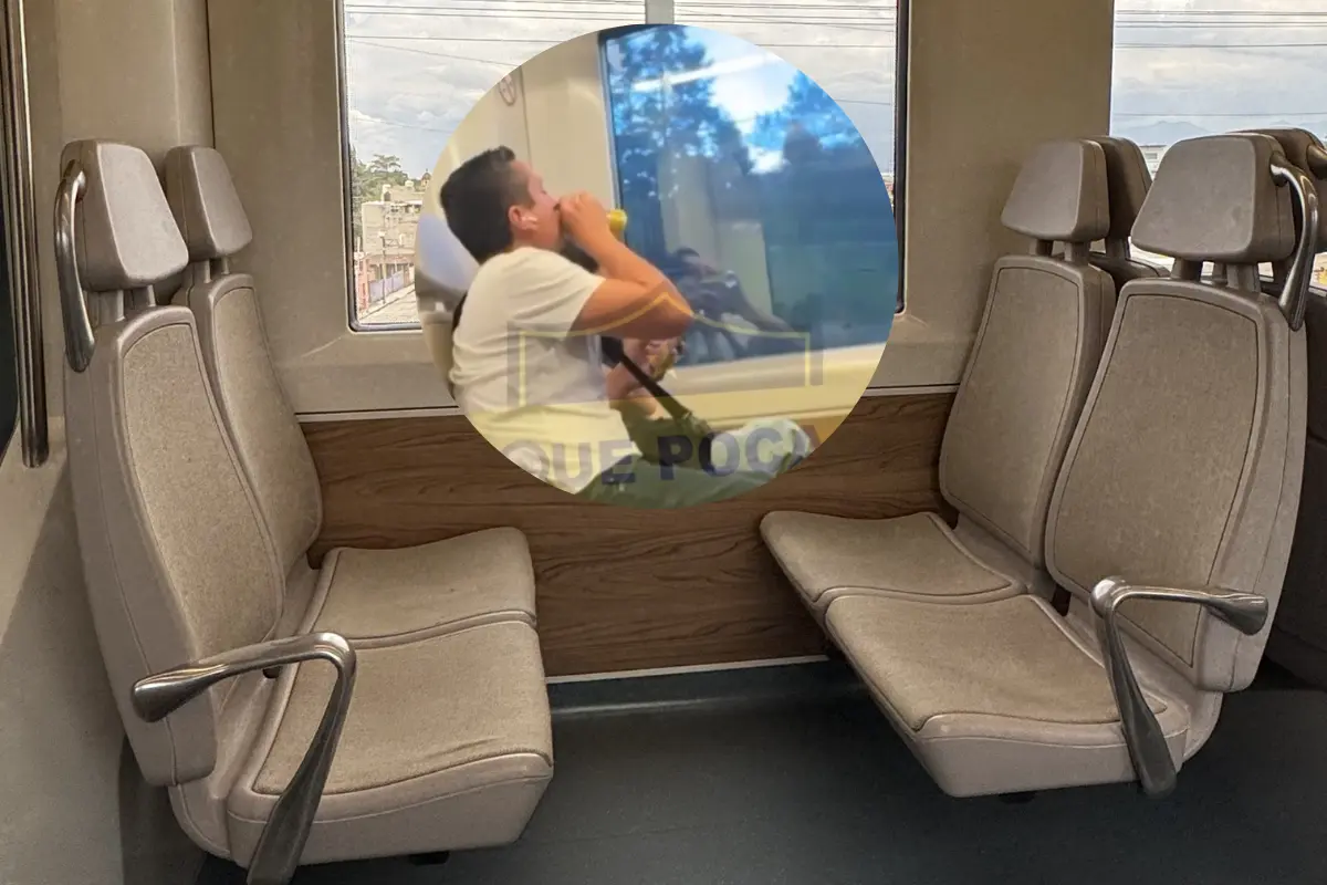 Usuarios del Tren Interurbano bebiendo dentro de la unidad. Foto: X (@genarolozano) | Canva