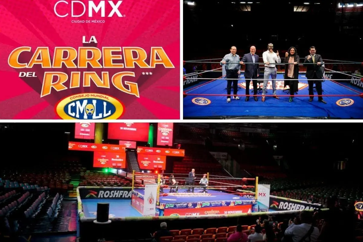 Ring de Lucha Libre en CDMX con cartel oficial de la carrera. Foto: Gobierno CDMX |Canva