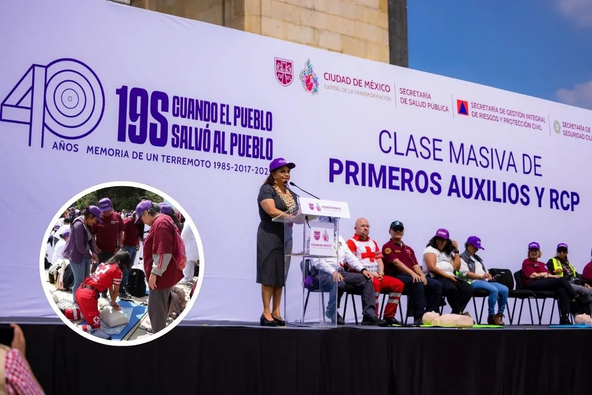 Clara Brugada en evento de RCP masivo en CDMX.      Foto: Gobierno CDMX | Canva