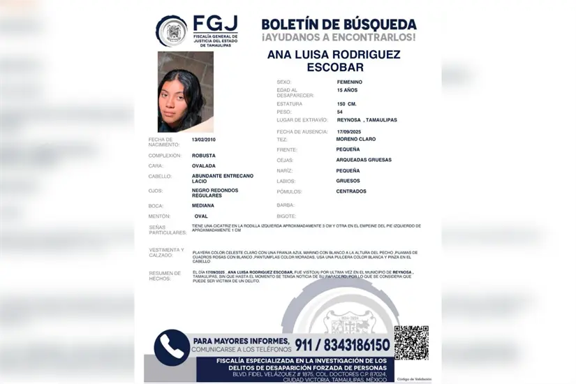 Ficha de búsqueda de Ana Luisa Rodríguez Escobar emitida por la Fiscalía Estatal. Foto: FGJT