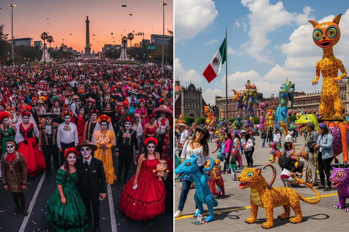 Personas disfrazadas de Catrinas y Catrines en CDMX y alebrijes en el Zócalo de CDMX.   Foto: IA | Canva