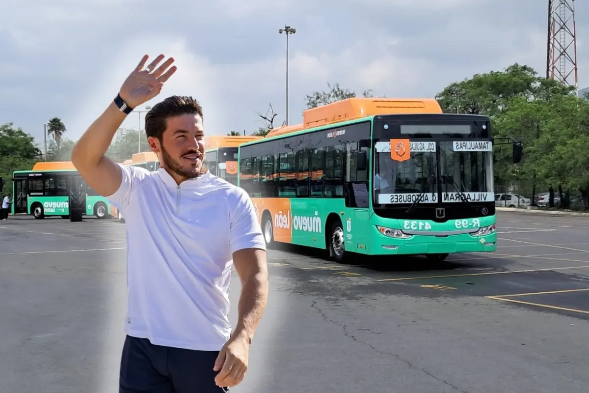 El gobernador de Nuevo León, Samuel García y camiones de la ruta 99. Foto: Composición Canva