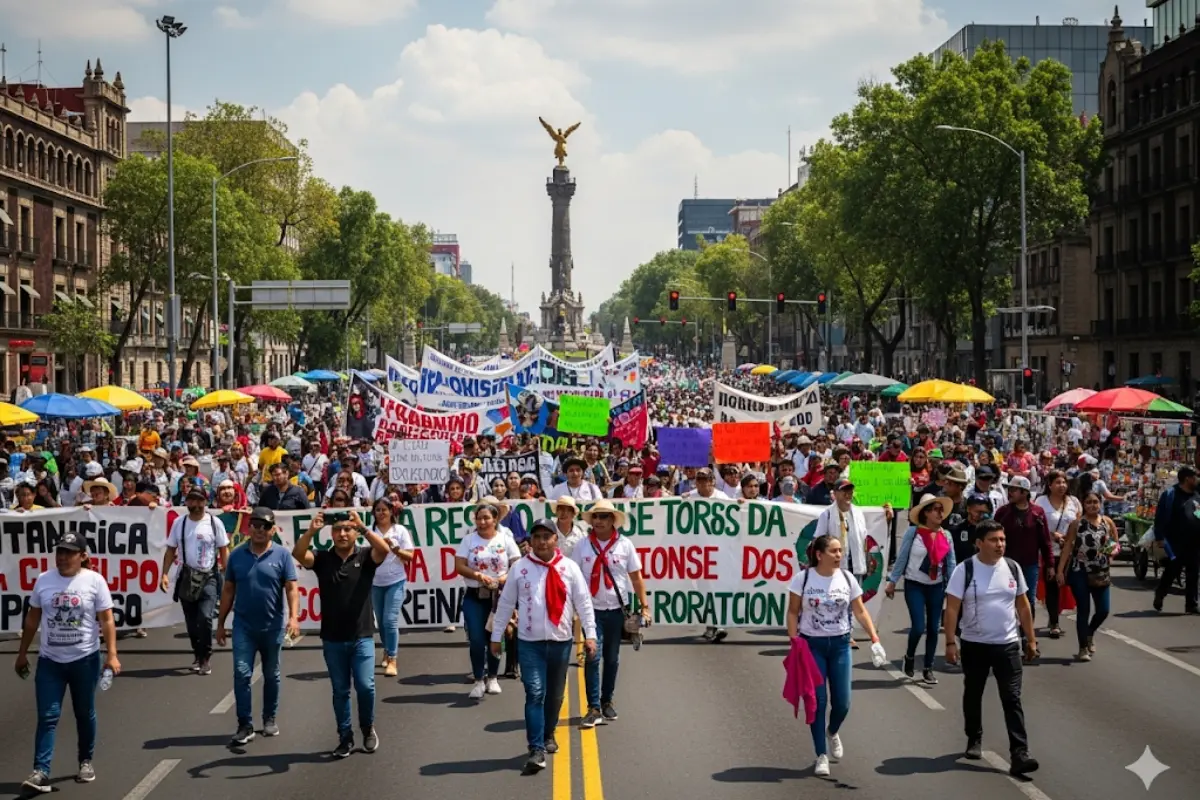 Personas marchando en la CDMX. Foto: Gemini IA