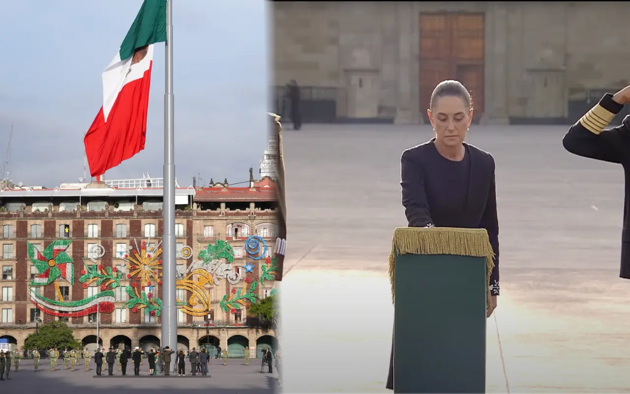 Bandera de México izada en el Zócalo y Claudia Sheinbaum. Foto: Presidencia de la República / Captura de pantalla: YouTube (Claudia Sheinbaum)
