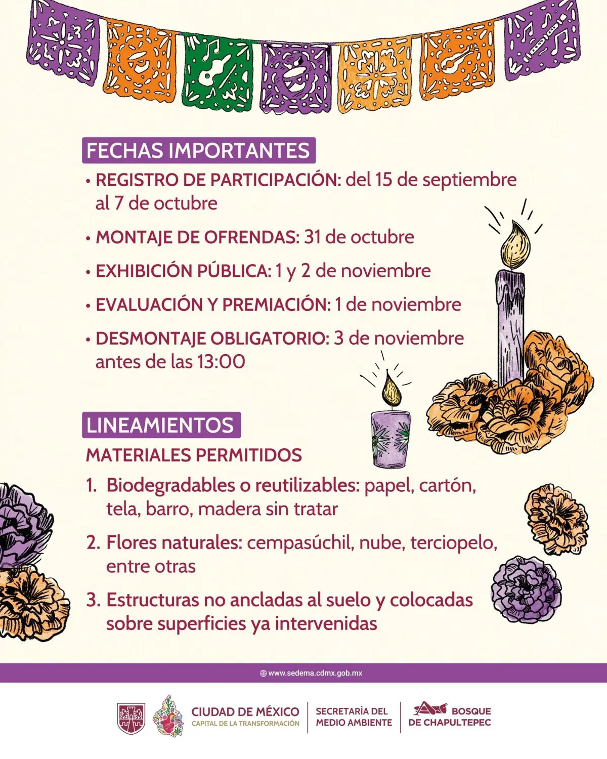 Fechas del concurso de ofrendas. foto: X @SEDEMA_CDMX