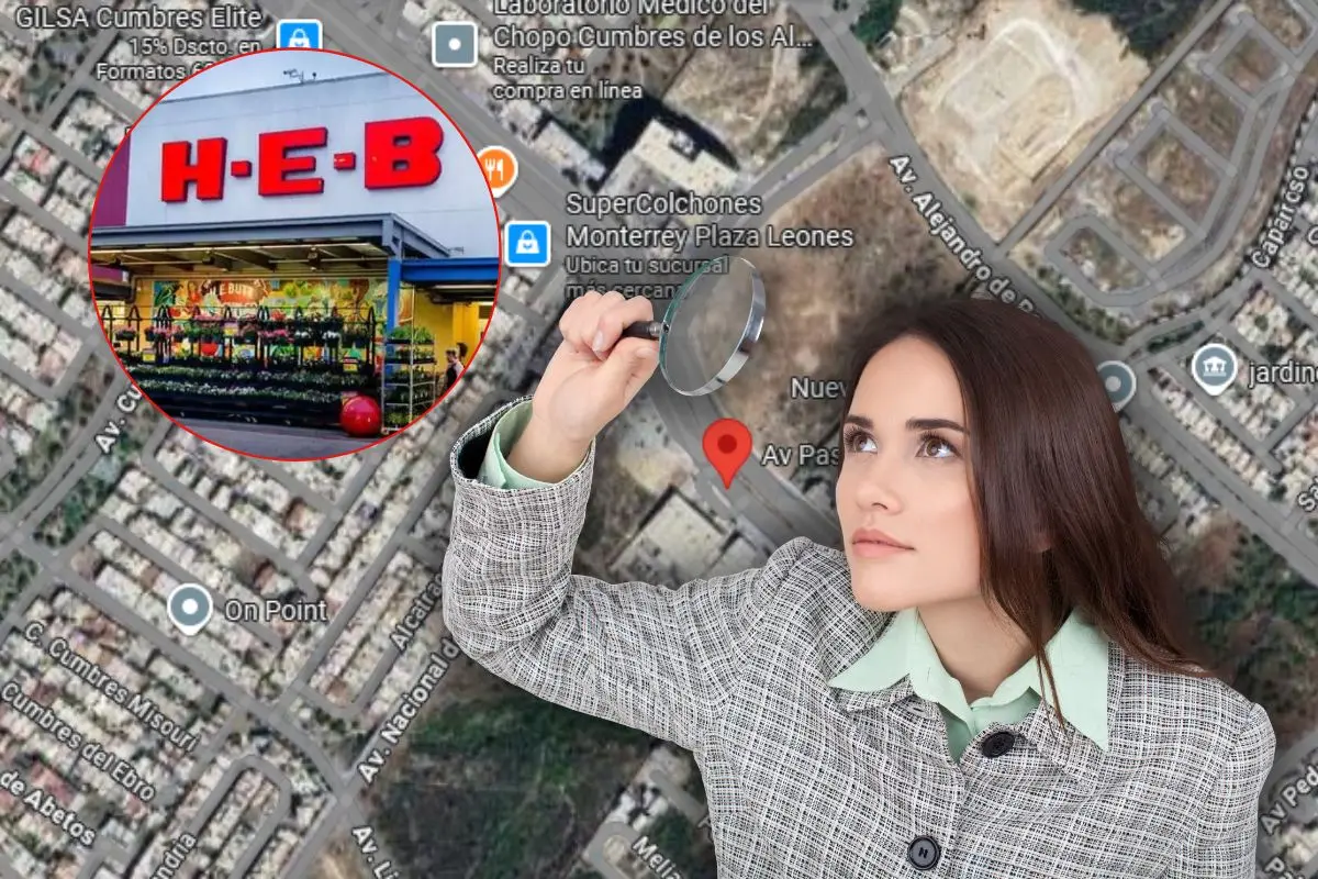 Mujer con una lupa, la fachada del H-E-B y una ubicación de fondo Foto: Canva
