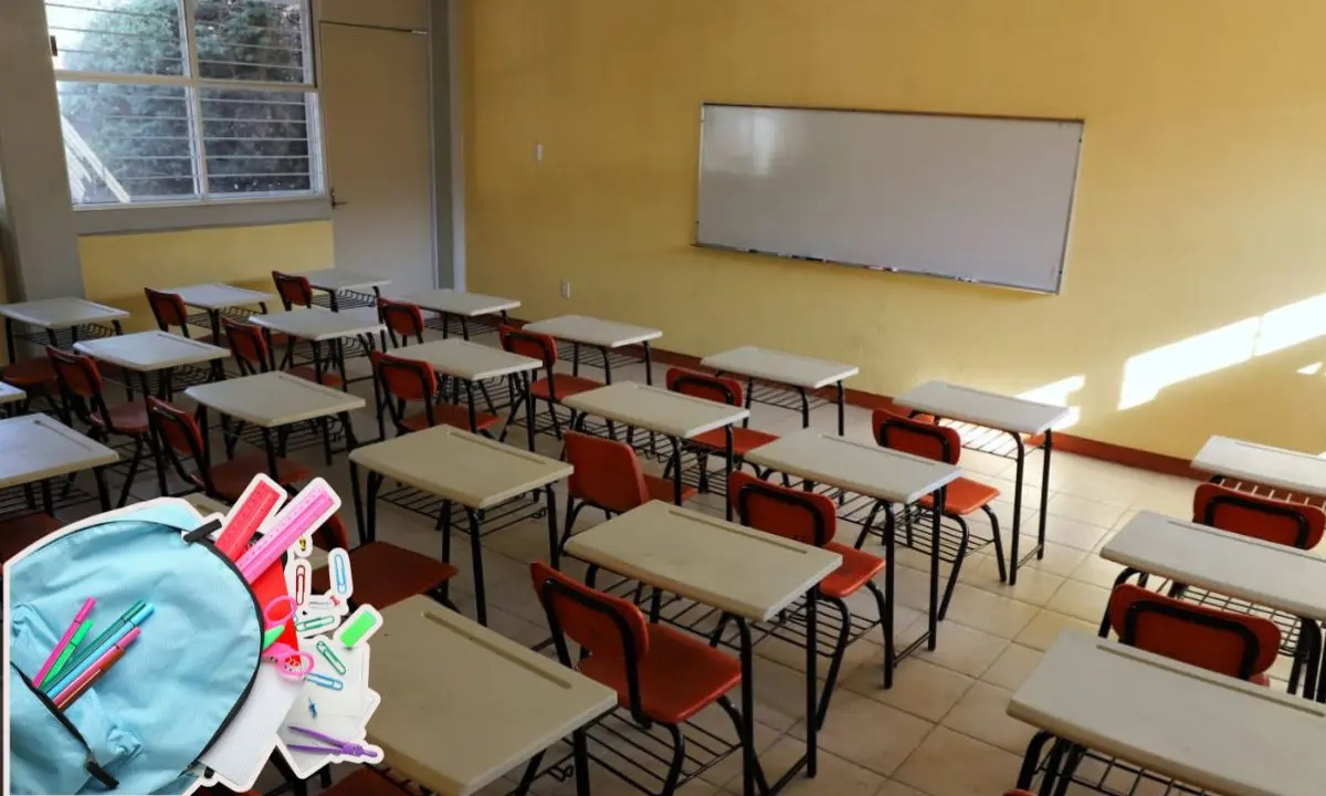Salón de clases vacío, mochila con útiles escolares. Foto: Jefatura de Gobierno de la Ciudad de México | Canva