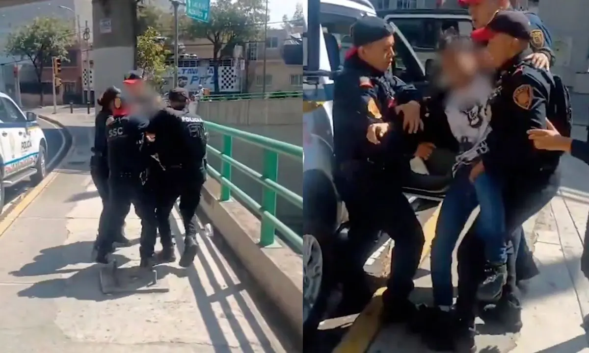 Elementos de la Policía Bancaria e Industrial (PBI) de la Secretaría de Seguridad Ciudadana (SSC) de la Ciudad de México rescatando a un joven que intentaba quitarse la vida.  Foto: captura X (@SSC_CDMX) | Canva