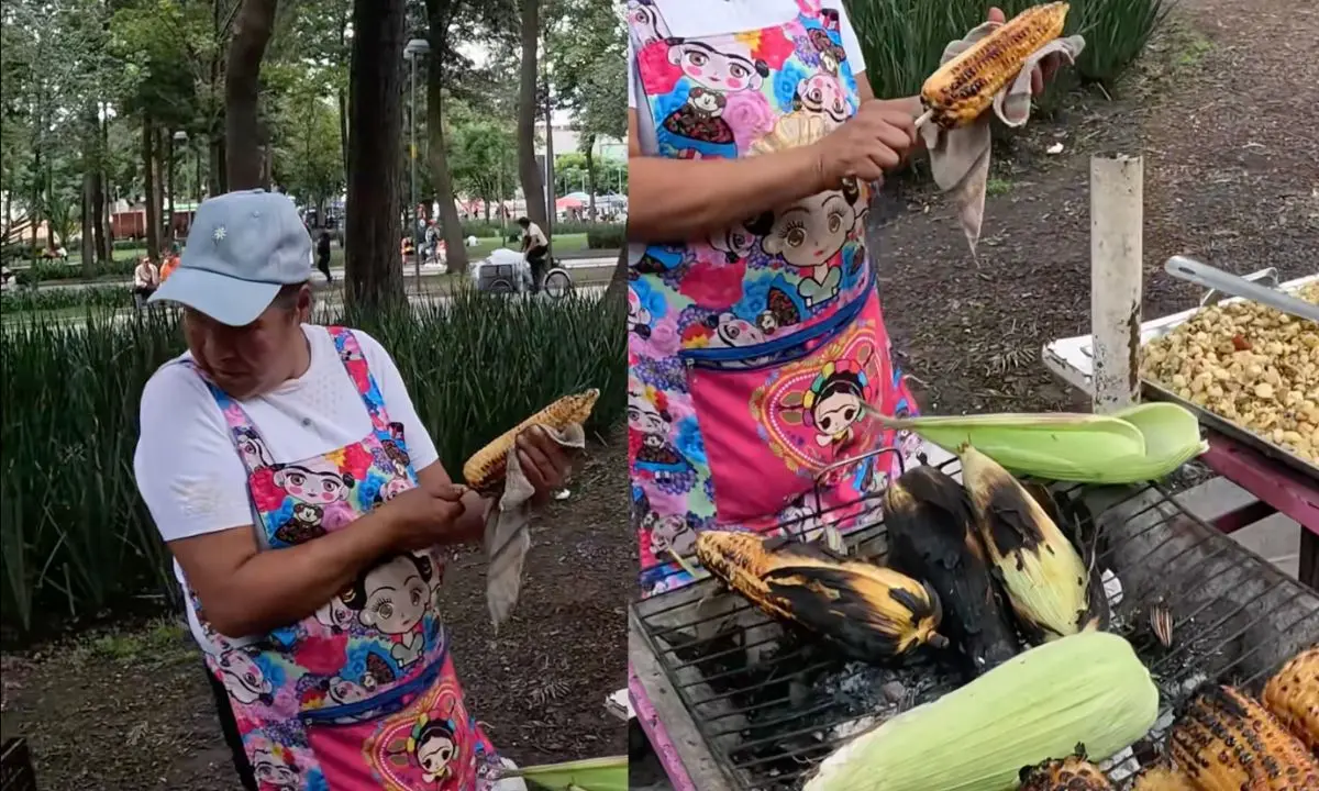 El tiktoker Damián Ramos exponiendo que un puesto de elotes los vende en 80 pesos Foto: captura TikTok (@unuruguayoenmexico) | Canva