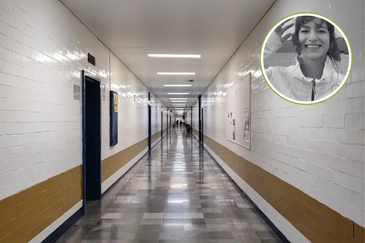 Pasillos de la Facultad de Derecho y alumna que murió. Foto: Google Maps y @DerechoUNAMmx | Canva