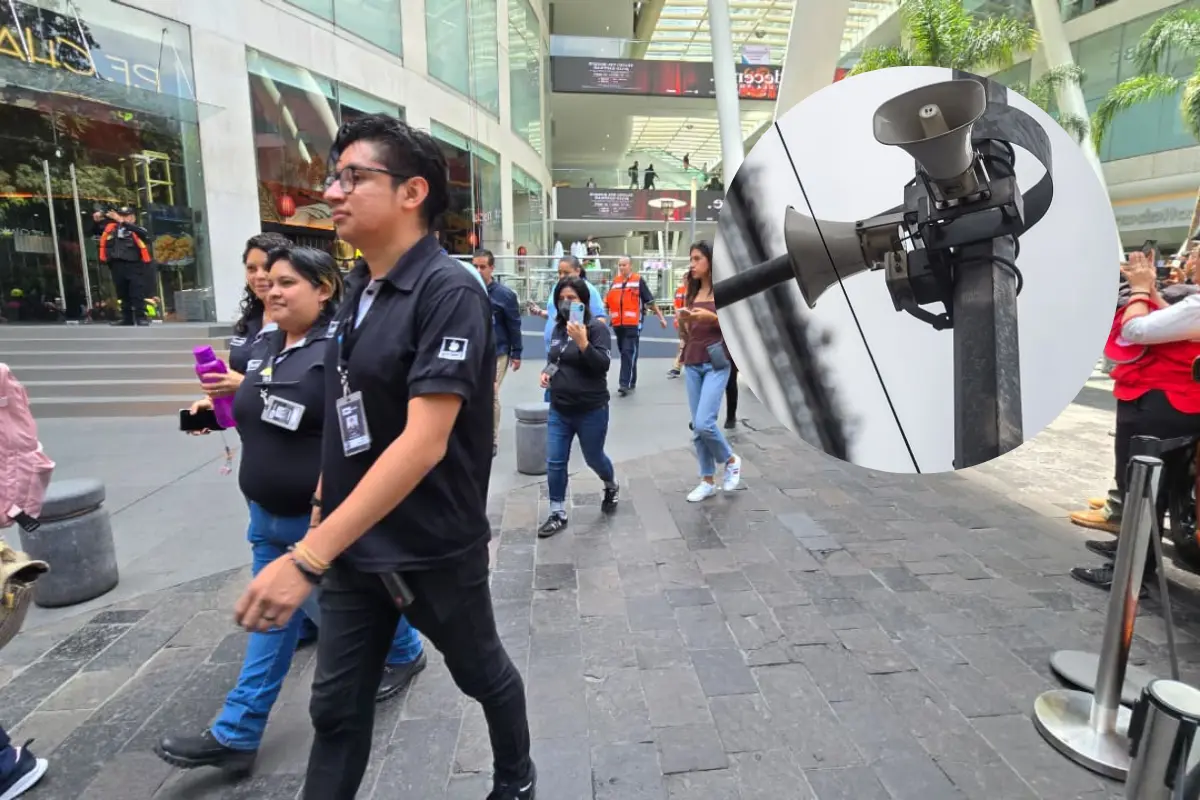 De fondo personas en simulacro, altavoces de alerta sísmica. Foto: Mario Flores | gobierno de CDMX