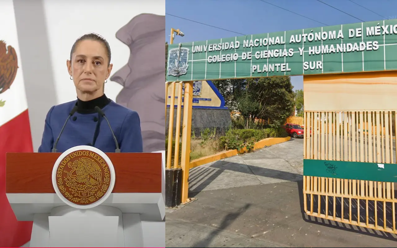 Claudia Sheinbaum y fachada de CCH Sur. Captura de pantalla: YouTube (Claudia Sheinbaum) / Google Maps