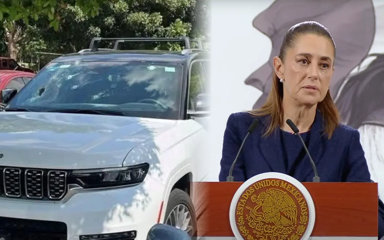 Camioneta afectada en ataque contra nieta de Rubén Rocha Moya y Claudia Sheinbaum. Foto: X (@MLopezSanMartin) / Captura de pantalla: YouTube (Claudia Sheinbaum)