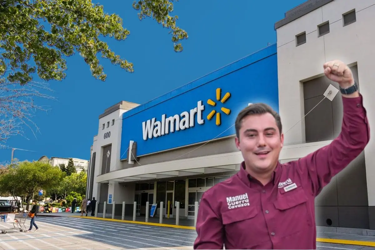 El alcalde de García, Manuel Guerra y de fondo la fachada de Walmart Foto: Canva