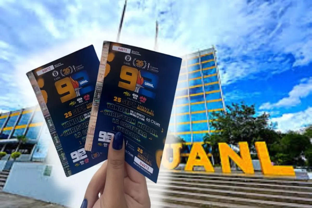 De fondo Rectoría de la UANL y boletos para el concierto del 92 aniversario. Foto: Composición Canva/UANL