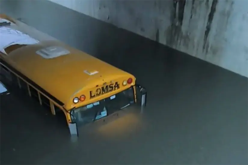 Vehículos de transporte terminaron varados por las inundaciones provocadas por la tormenta en Nuevo Laredo. Foto: Todo Pasa en Nuevo Laredo