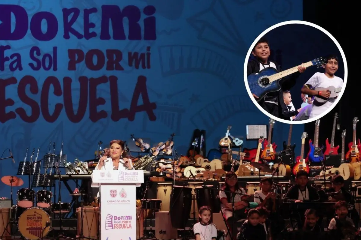 Clara Brugada en la nueva escuela de música. Foto: Gobierno CDMX l Canva