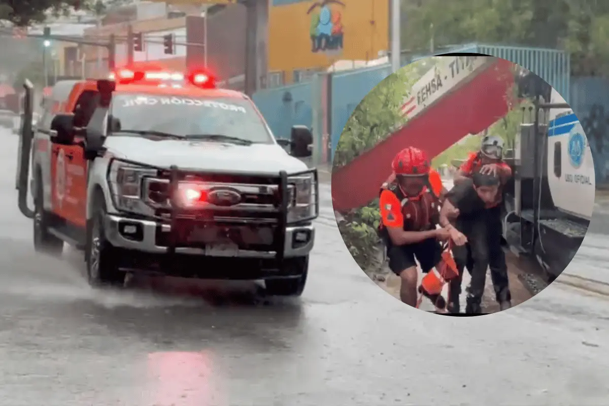 Rescate en Juárez: Protección Civil salva a persona atrapada en un arroyo. Foto: PCNL.