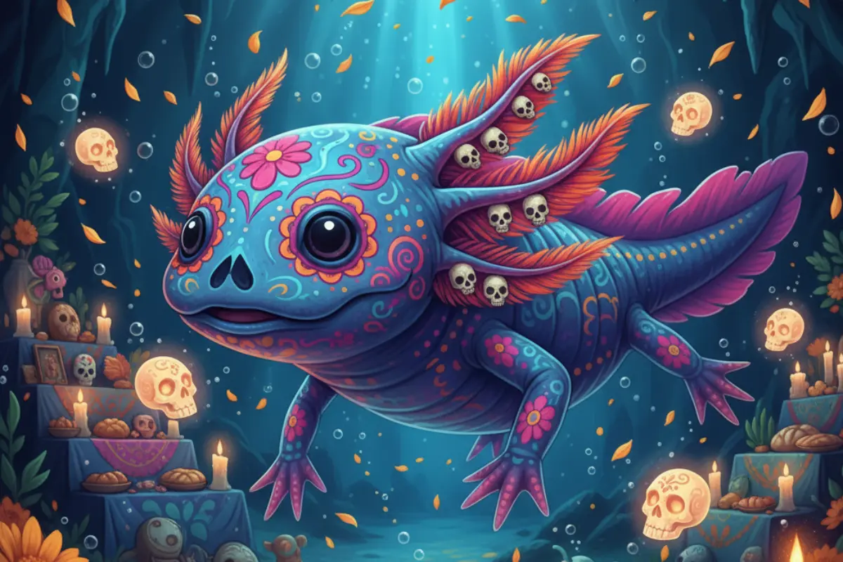 Ajolote y Día de Muertos juntos en La Noche del Axolotl. Foto: IA