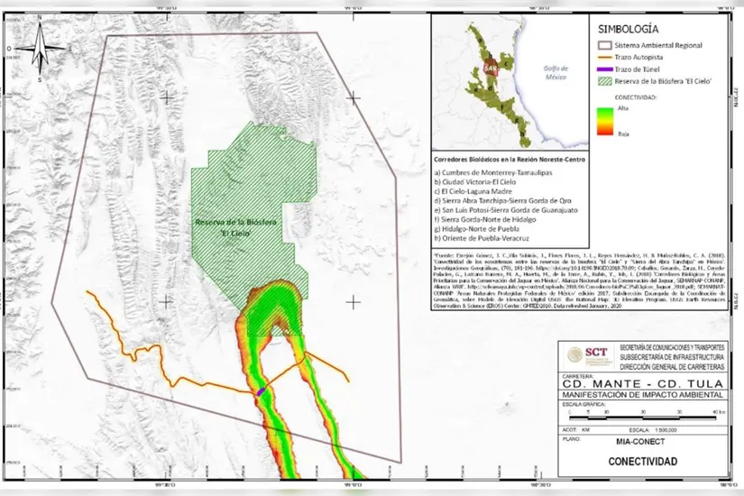 Mapa de conectividad de jaguar respecto al trazo de la autopista y pasos de fauna. Foto: SEMARNAT-CONANP