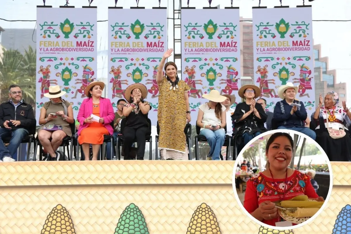 Clara Brugada inaugura la Feria del Maíz y la Agrobiodiversidad en CDMX. Foto: Gobierno CDMX l Canva