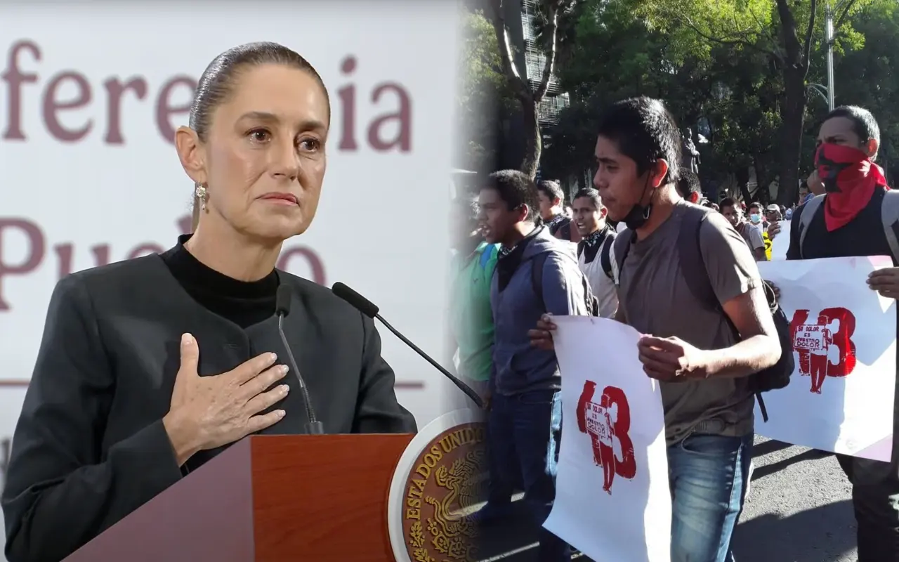 Claudia Sheinbaum y manifestantes de los 43 de Ayotzinapa. Foto: Facebook (Padres Y Madres De Ayotzinapa) / Captura de pantalla: YouTube (Claudia Sheinbaum)
