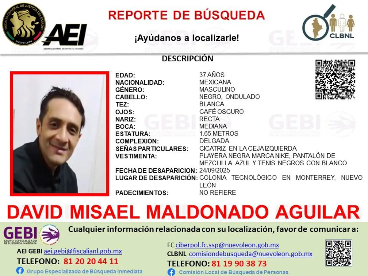 David Misael Maldonado Aguilar, de 37 años, desapareció el pasado 24 de septiembre de 2025 en la colonia Tecnológico, del municipio de Monterrey, Nuevo León. Foto: Facebook Grupo Especializado de Búsqueda Inmediata