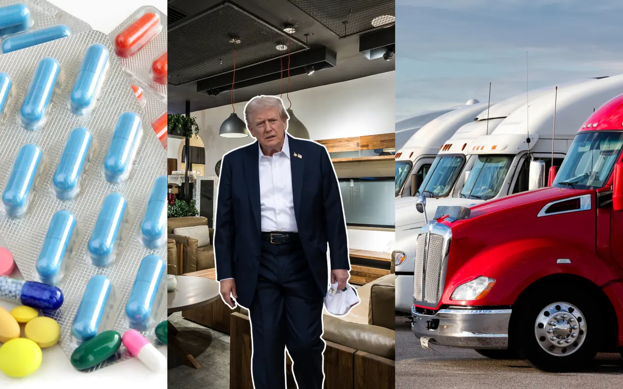 Donald Trump, medicinas, muebles y camiones. Foto: Canva / X (@WhiteHouse)