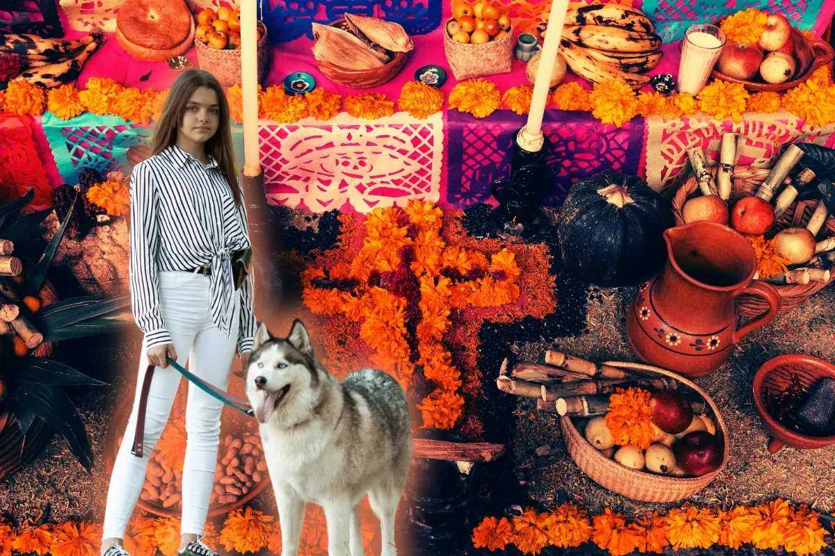 Un altar de Día de Muertos y una persona con un perro. Foto: Canva