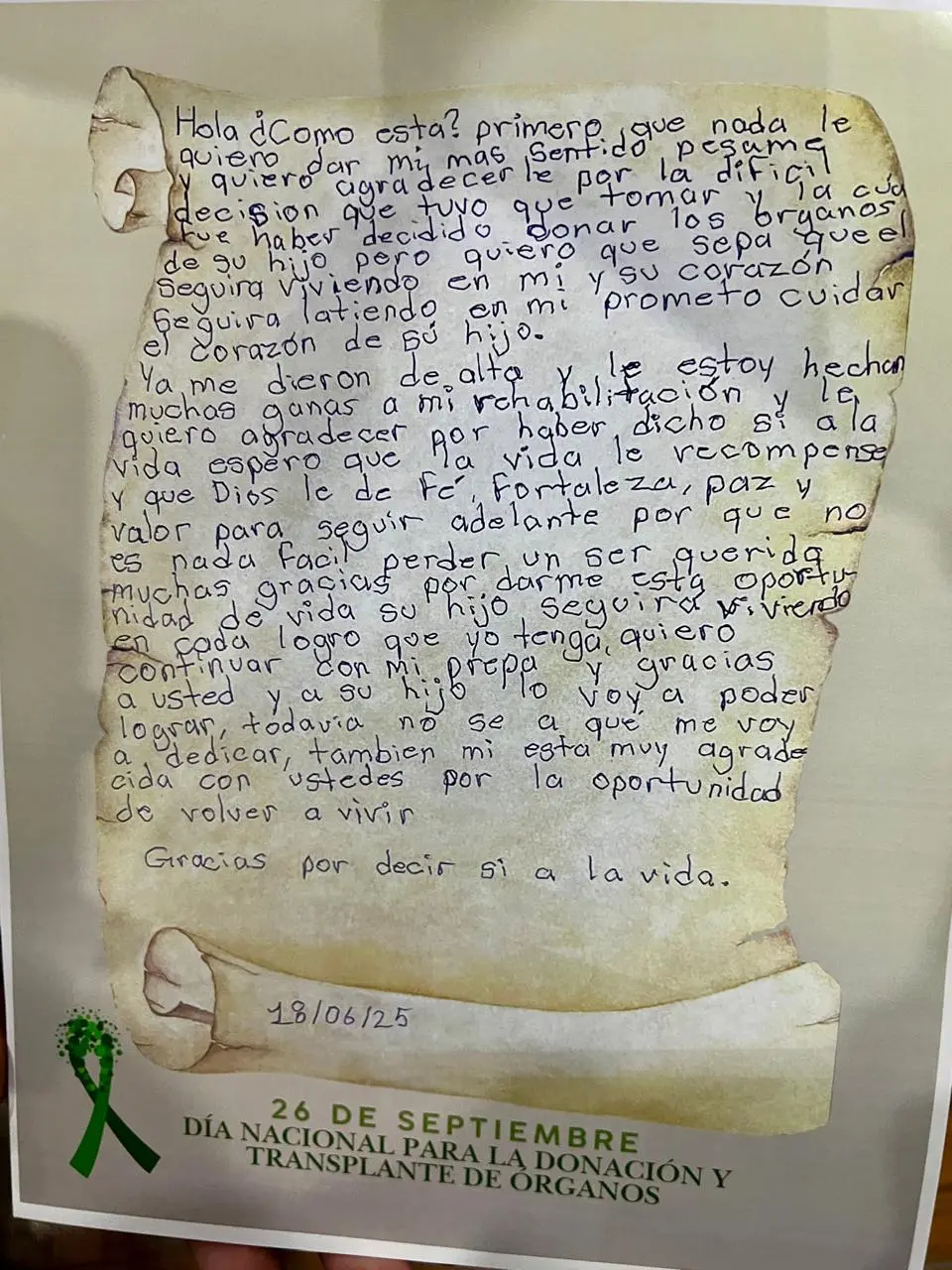 Carta enviada por una paciente de Jalisco de 16 años de edad a la familia de Mario Daniel, joven de 24 años originario de San Buenaventura que donó sus órganos. La joven recibió el corazón de Mario Daniel./Foto: Cortesía