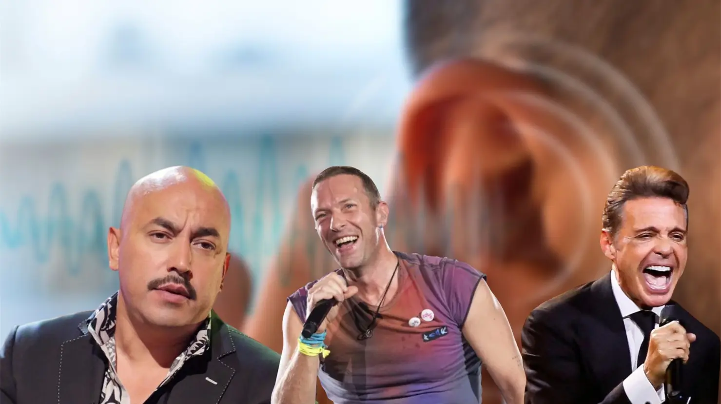 Famosos como Lupillo Rivera, Chris Martin y Luis Miguel padecen de problemas auditivos. Foto. Especial/Canva.