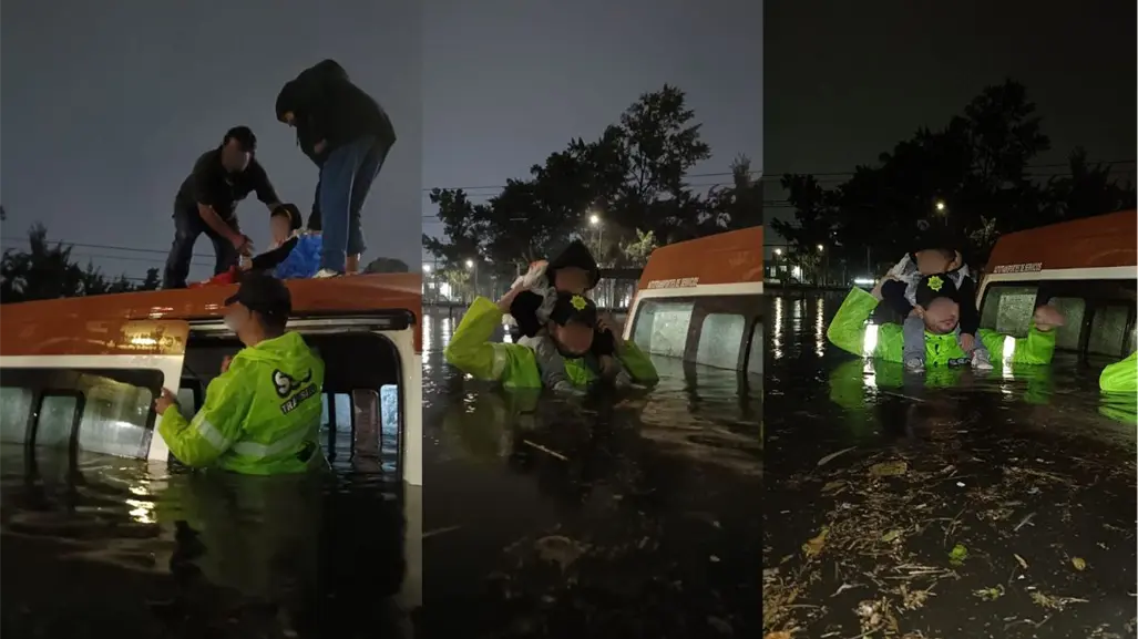 VIDEO | Policías de CDMX cargan personas atrapadas en una combi tras las intensas lluvias
