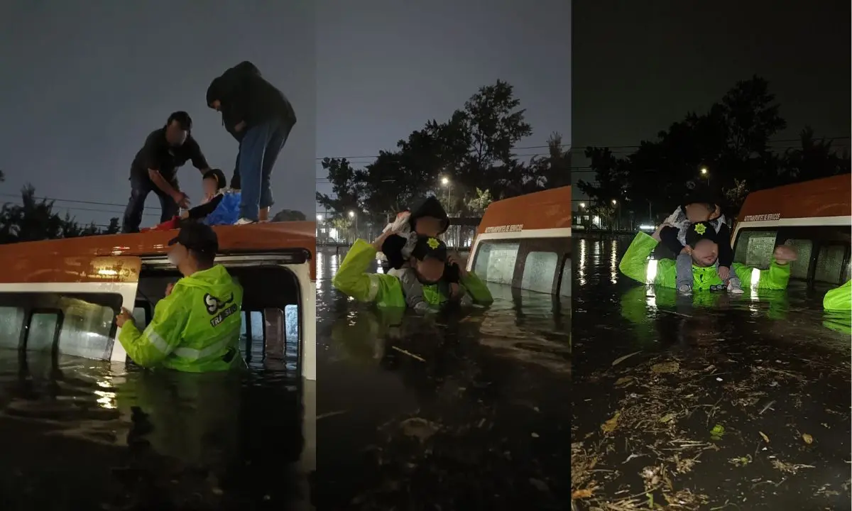 Policía de CDMX rescatando a pasajeros de combi que quedaron atrapados en inundación en la Calzada Zaragoza.  Foto: SSC | Canva