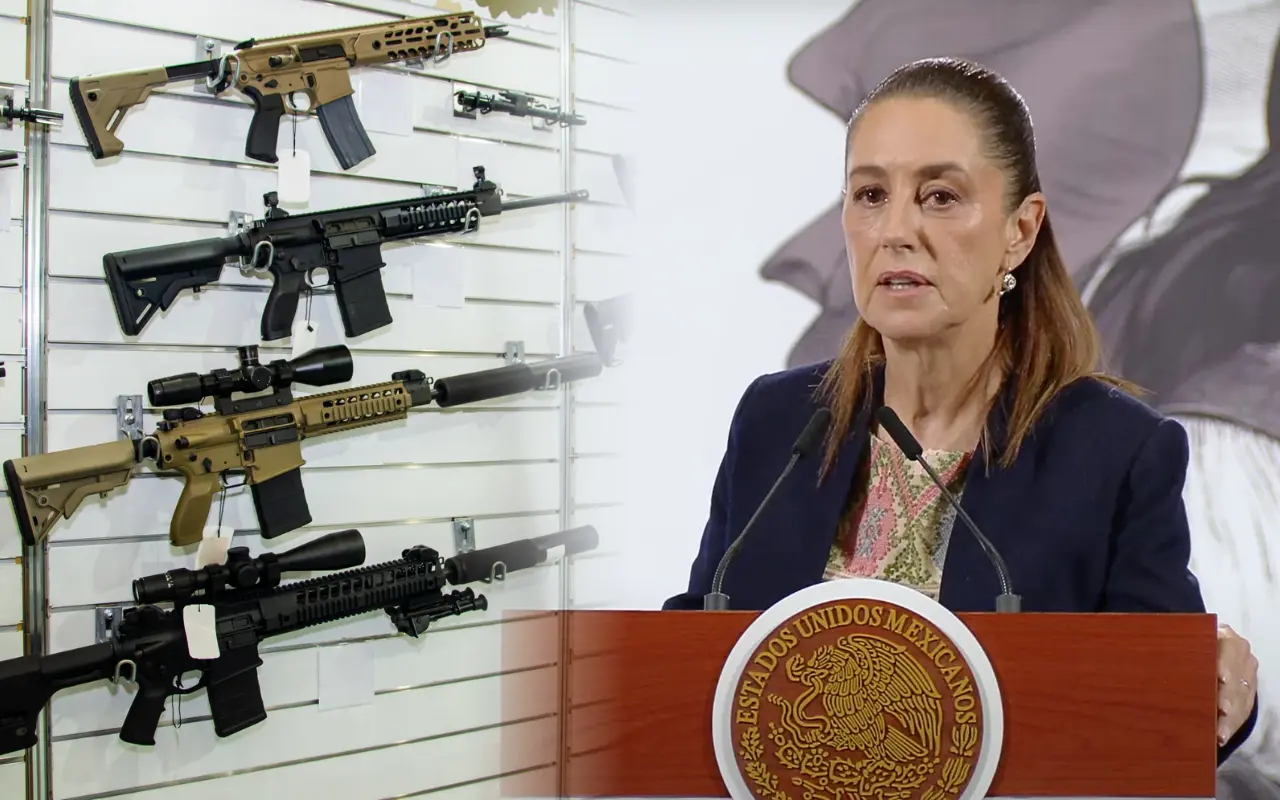 Claudia Sheinbaum y armas de fuego. Captura de pantalla: YouTube (Claudia Sheinbaum) / Foto: Canva