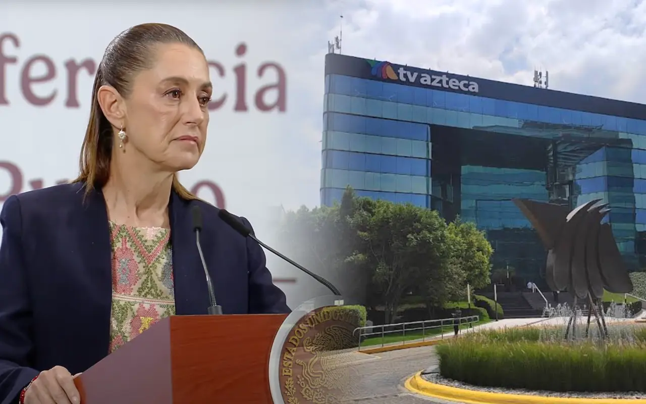 Claudia Sheinbaum y fachada de TV Azteca. Foto: Google Maps (Marcela Castillo) / YouTube (Claudia Sheinbaum)