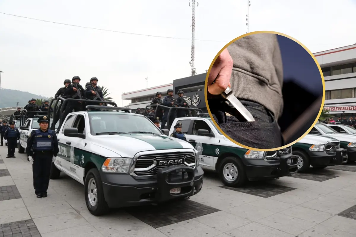 De fondo patrullas de la SSC, persona con arma. Foto: Gobierno CDMX | Canva