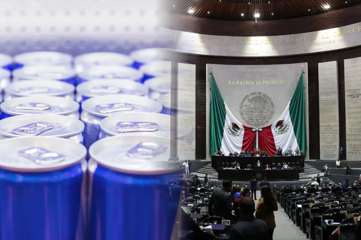 Latas de bebidas y pleno de la Cámara de Diputados. Foto: Cámara de Diputados / Canva