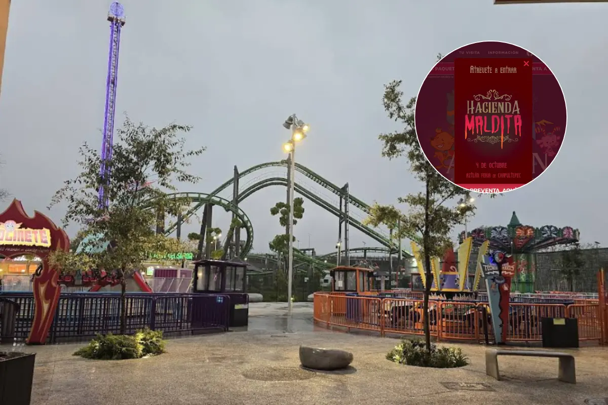 Parque Aztlán y póster de su Hacienda del Terror.   Foto: Google Fotos (Mag Nao) | Canva | Página web de Parque Aztlán