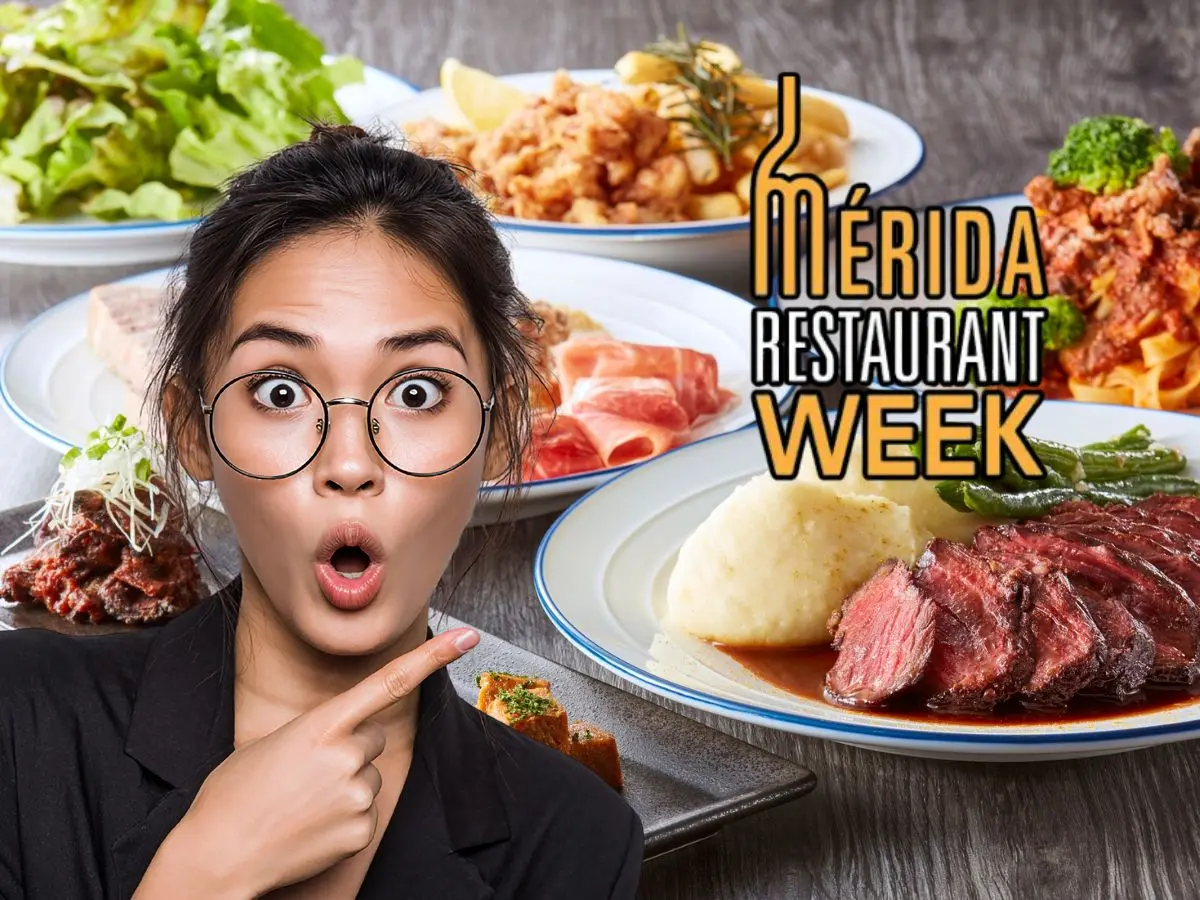 Los menús de 199 pesos incluyen bebida, entrada, plato fuerte y postre, con variadas opciones que van desde comida yucateca hasta internacional.- Fuente Canva y Mérida Restaurant Week
