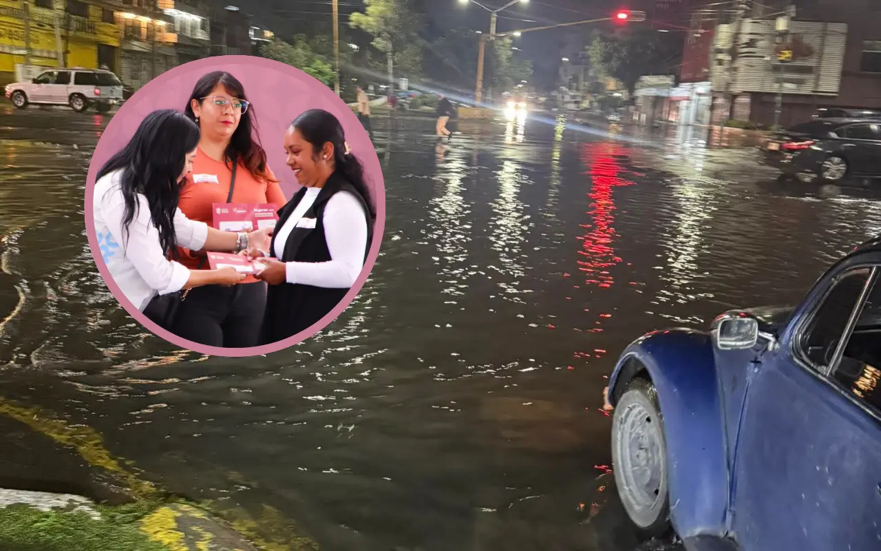 Inundaciones tras las fuertes lluvias en Neza. Foto: X/ @magm0208 (Canva)