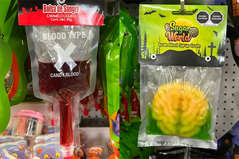 Dulces de cerebros de azúcar y bolsas de sangre puedes encontrar en Waldo´s | Foto: Perla Herrera