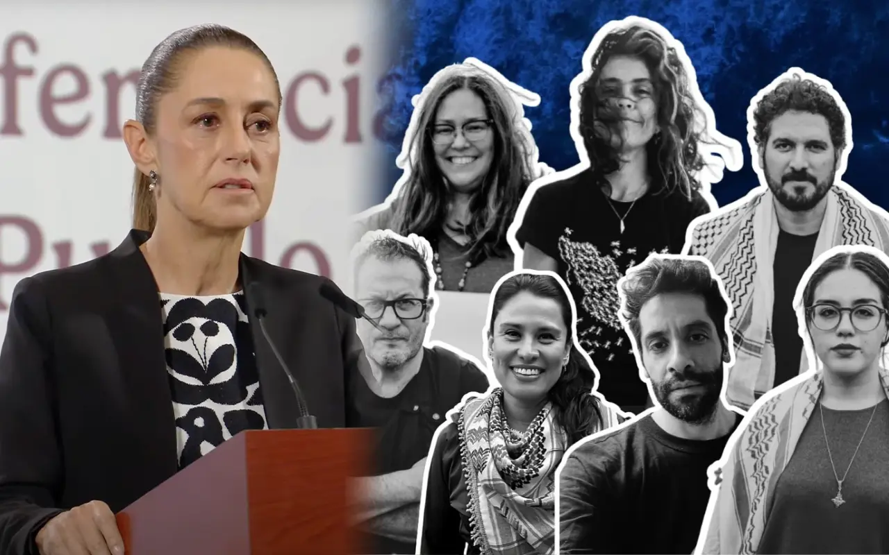 Claudia Sheinbaum y activistas mexicanos de la Flotilla Global Sumod. Foto: Instagram (@globalmovementtogaza) / Captura de pantalla: YouTube (Claudia Sheinbaum)
