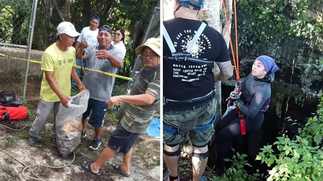 Retiran más de 100 kilos de basura de un cenote en Popolá, Yucatán