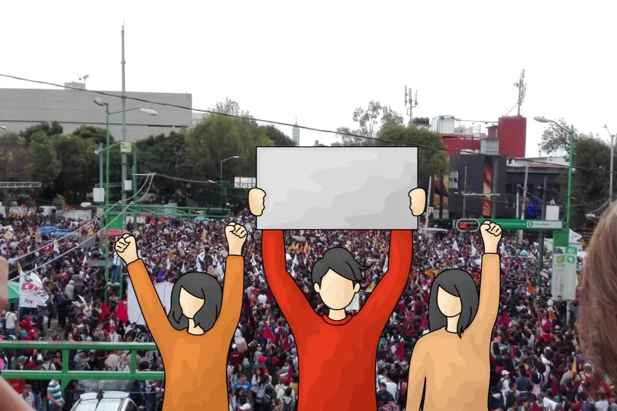 De fondo movilización en la CDMX, ilustración de manifestantes. Foto: X @JesusRCuevas | Canva