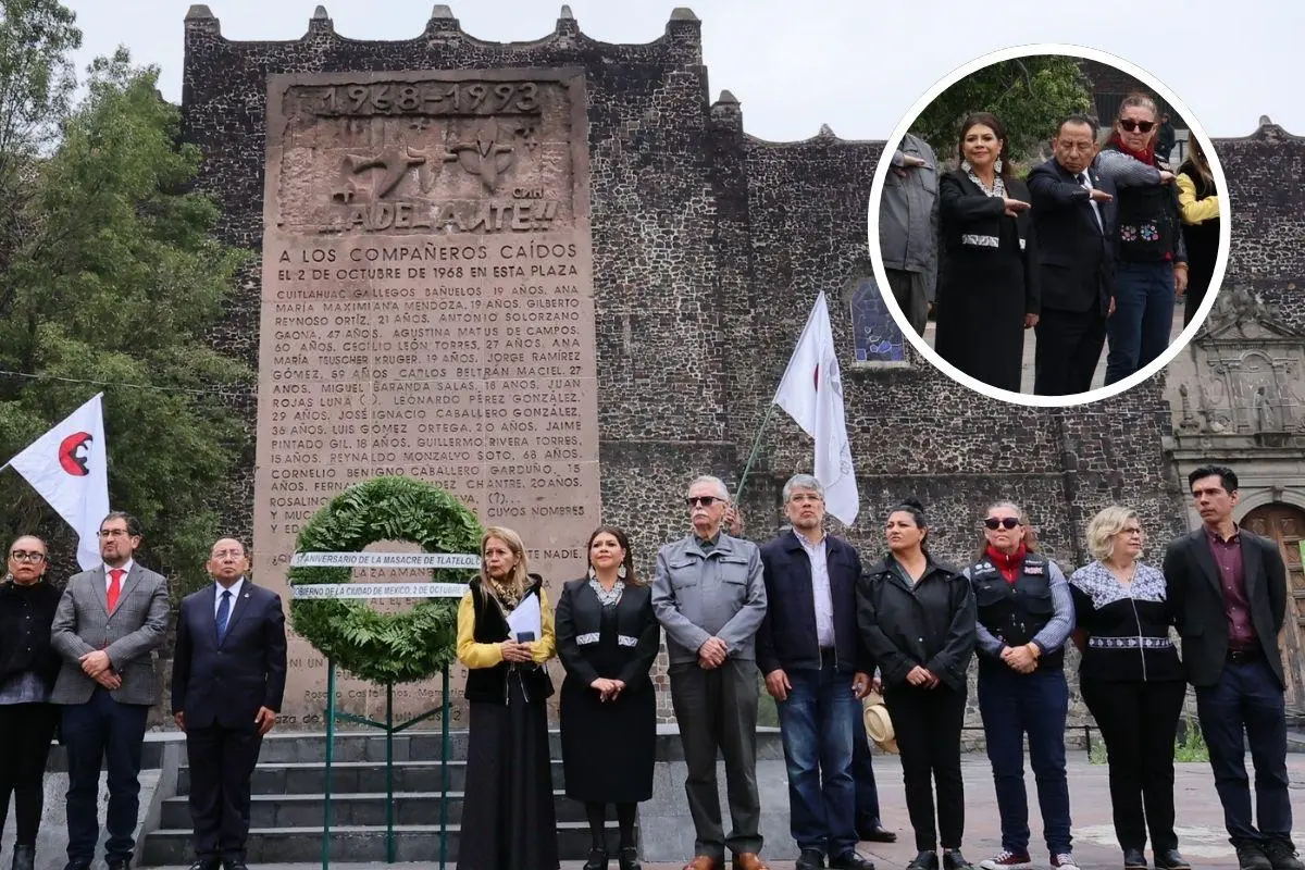 Autoridades de la CDMX en homenaje a víctimas del 2 de octubre. Foto: Gobierno CDMX l Canva